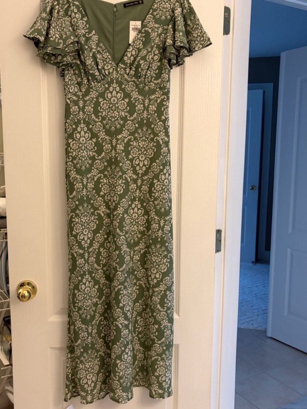 Abercrombie & Fitch New Olive Green Floral Maxi Dress with Flutter Sleeves MP